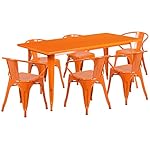 Flash Furniture 31.5” x 63” Rectangular Orange Metal Indoor-Outdoor Table Set with 6 Arm Chairs