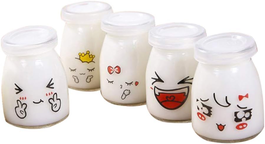 UPKOCH 5pcs 200ml Lovely Pudding Bottle Glass Heat-resistant Yogurt Containers Milk Cup Jelly Jar for Home Shop(Random Pattern)