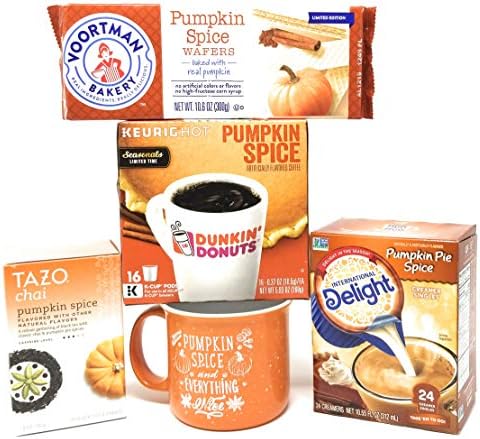 Pumpkin Spice Seasonal Limited-Edition Bundle with Dunkin Donuts Coffee K-Cups, Tazo Tea, International Delight Creamer, Voortman Cookie Wafers and Orange Camp Mug (5 items)
