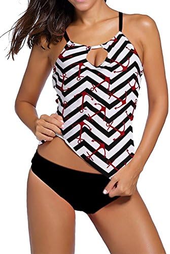 Women's Striped Printed Tankini Tops And Triangle Briefs Two-piece Swimsuits ((US 2-4)S, Black Red)