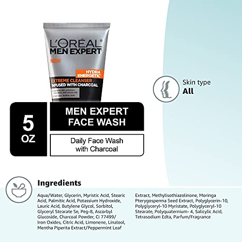 L’OREAL MEN EXPERT HYDRA ENERGETIC FACIAL CLEANSER WITH CHARCOAL FOR DAILY FACE WASHING, MENS FACE WASH, BEARD AND SKINCARE FOR MEN, 5 FL. OZ