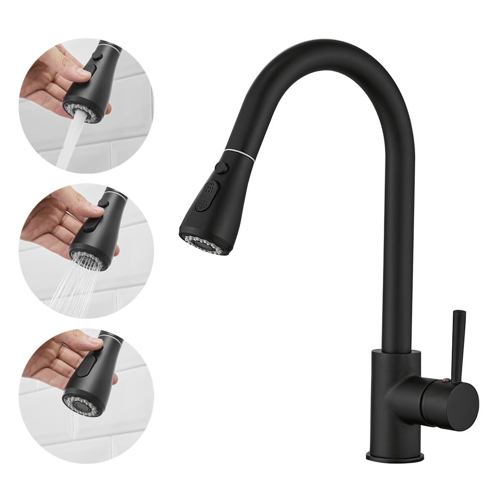 Haiba Kitchen Sink Mixer Tap with Pull Down Sprayer, Single Handle High Arc Pull Out Kitchen Taps, Kitchen Faucet with UK Standard Fittings, Matte Black