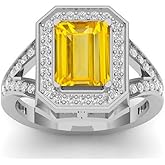 LMDPRAJAPATIS Emerald Cut Natural Yellow Sapphire Gemstone Solitaire Silver Ring For Women And Men Ring Size 5-10