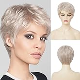 Dai Cloud Blonde Short Wig for Women Pixie Cut Platinum Blonde Mix Grey Wig with Bangs Synthetic Fluffy Heat Resistant Hair Wig for Daily Halloween Use