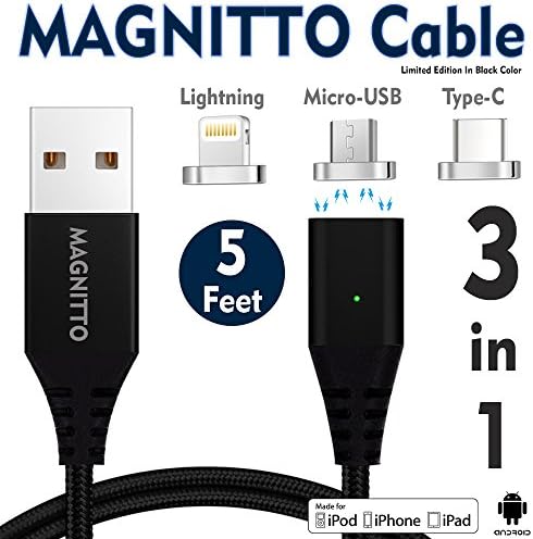 MAGNITTO 3-in-1 Magnetic Lightning USB Charging and Data Transmission Cable Type C Nylon Braided Sync Cord with High Speed Data Transfer for iOS Android Systems iPhone X 8 7 Plus 6 5 Samsung S8 Black