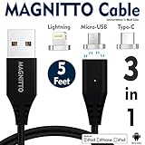 MAGNITTO 3-in-1 Magnetic Lightning USB Charging and Data Transmission Cable Type C Nylon Braided Sync Cord with High Speed Data Transfer for iOS Android Systems iPhone X 8 7 Plus 6 5 Samsung S8 Black