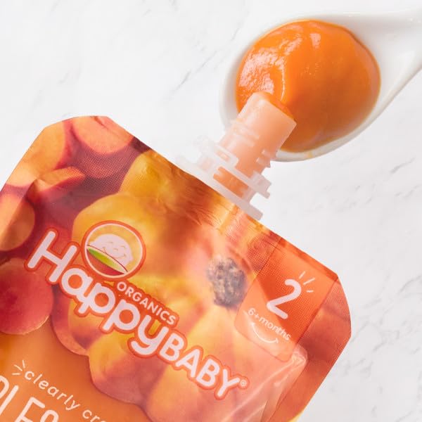 HAPPY BABY ORGANICS STAGE 2 BABY FOOD POUCHES, GLUTEN FREE, VEGAN & HEALTHY SNACK, CLEARLY CRAFTED FRUIT & VEGGIE PUREE, APPLE PUMPKIN & CARROTS, 4 OUNCES (PACK OF 1)