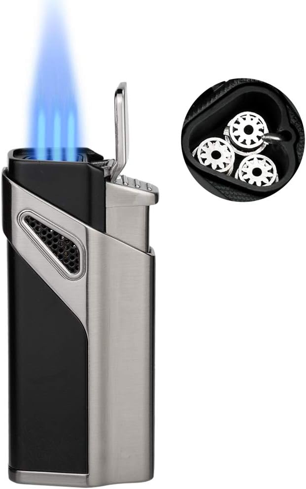 TOPKON Cigar Lighter, Triple Jet Flame Lighter, Windproof Butane Gas Torch Lighter, Refillable Gas Lighter, Zinc Alloy Body with Cigar Punch