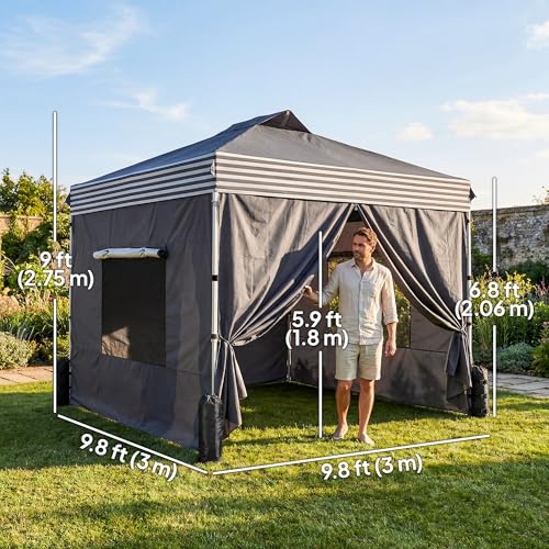 Outsunny 10 x 10 ft Pop Up Canopy Tent with 4 Sidewalls, UPF 50+ Easy 1-Button Push Setup Outdoor Instant Shelter Portable with Wheeled Carry Bag, 4 Sandbags, Dark Grey