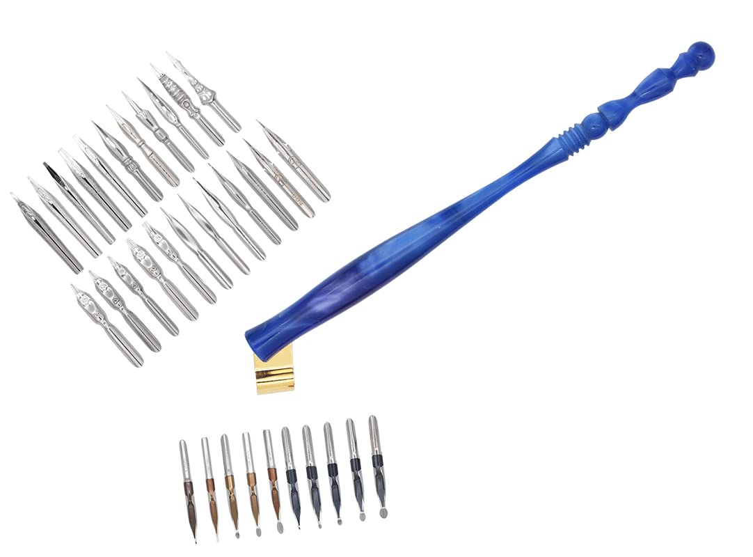 Gullor Oblique Calligraphy Dip Pen Nib Holder, Removable Nib Pen Handle Stand with 33 Nibs, Blue