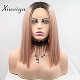 Xiweiya Mermaid Synthetic Rose Gold Straight Cut Bob Lace Front Wigs with Dark Root Middle Part Short Pink Bob Short Soft Wig Heat Resistant Fiber Hair Replacement Wig Women Drag Queen Makeup 14 inch