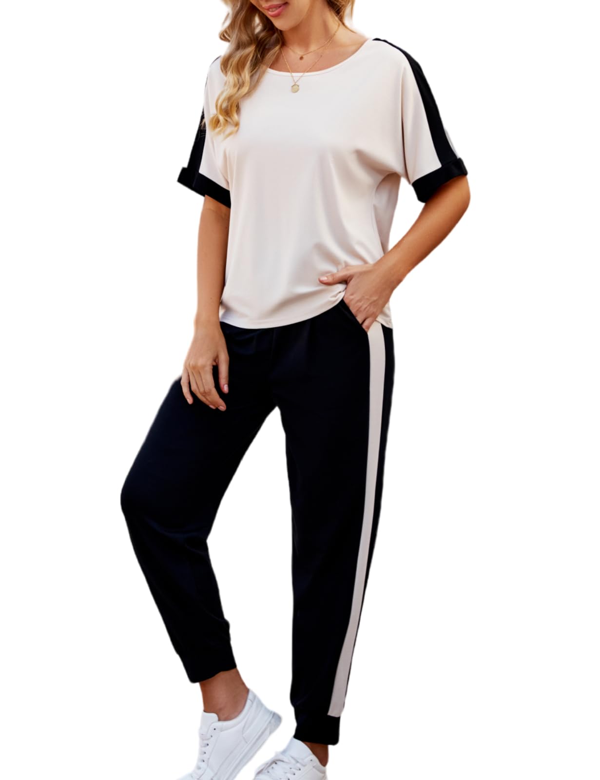 Photo 1 of VIMPUNEC Women 2 Piece Outfits Summer Casual Lounge Sets Soft Sweatsuits Trendy Matching Sets Khaki S