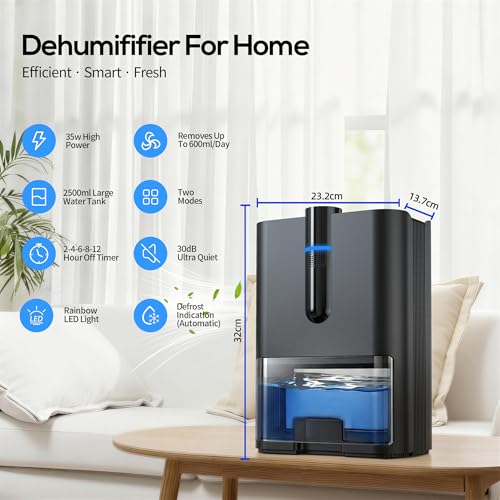 Home Dehumidifier, 2500 ml Dehumidifier for Home Mould, Silent Electric Dehumidifier with Drain Pipe, Auto Shutdown, Sleep Mode, Dehumidifiers for Bathroom, Bedroom, Wardrobe