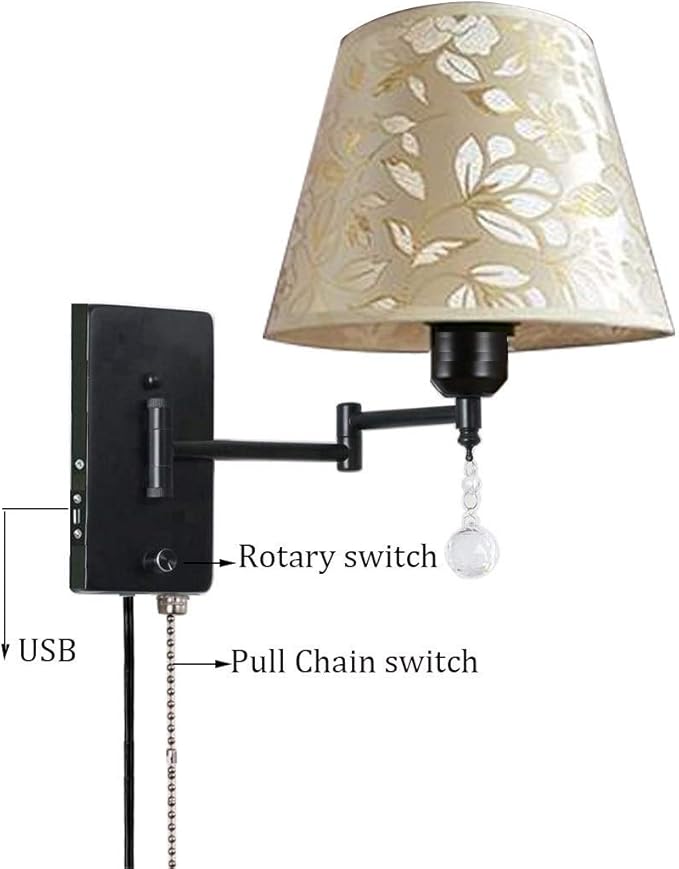 USB Pull Chain and PlugIn Wall Sconce E26 E27 Metal and Cloth Shade