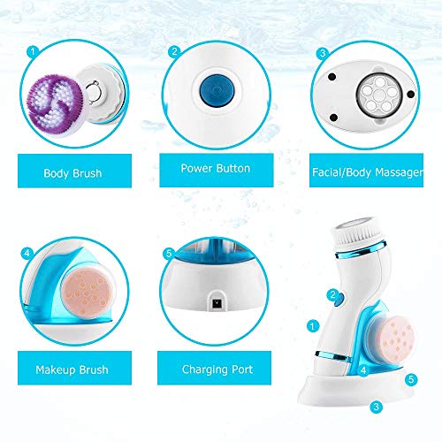 Facial Cleanser Brush, 4 in 1 Electric Rotating Facial Cleansing Brush USB Rechargeable Sonic Face Cleaners Scrubber SPA Skin Care Tool Beauty Instrument (Blue) - Thumbnail 4