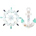 2 Pack 11" Nautical Beach Wooden Ship Wheel and 11" Wooden Anchor with Sailboat Nautical Boat Steering Wheel Rudder Anchor Wall Art Decor Door Hanging Ornament Beach Theme Home Decoration(Light Blue)