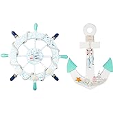 2 Pack 11" Nautical Beach Wooden Ship Wheel and 11" Wooden Anchor with Sailboat Nautical Boat Steering Wheel Rudder Anchor Wall Art Decor Door Hanging Ornament Beach Theme Home Decoration(Light Blue)