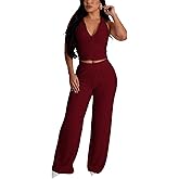JerXox Women's Elastic Smocked Suit Set Sleeveless Lapel Zip Up Cropped Top Straight Wide Leg Pants