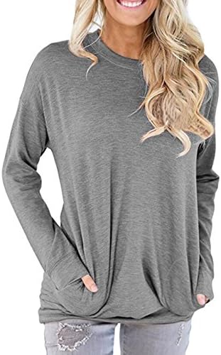 FELACIA Womens Tunics Blouses Tops Casual Long Sleeve Round Neck Sweatshirt Loose TShirt Womens Tunics Blouses Tops,Tag L=US M , Light Gray