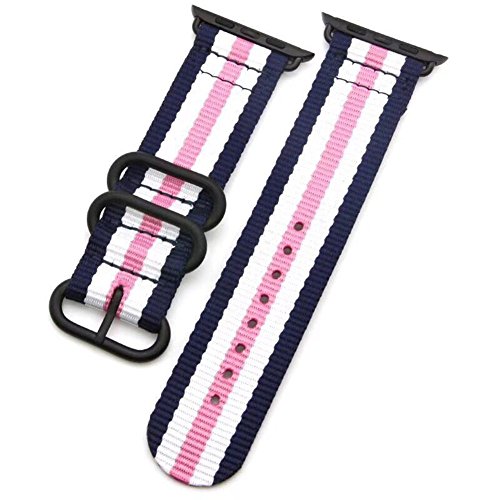 Clatune Woven Nylon NATO Band Strap Soft Replacement Wristband with Black Heavy Buckle Compatible with 38mm Apple Watch Series 3/2/1 (Blue/White/Pink)
