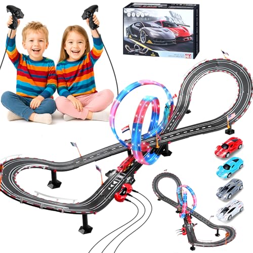 colmanda Circuit Voiture Electrique, Lumineuse Circuit Voiture Enfant 1:64 Piste De Course - 4 LED Voitures, 360° Cercle, Prise, Compteur de Tours, Piste Voiture Enfant 6-12 Ans Jouets Cadeau (L)