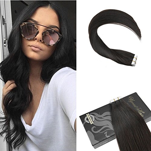 Ugeat 24inch 50Gram Off Black Tape in Hair Extensions Human Hair Remy Hair Real PU Tape in Hair Extensions