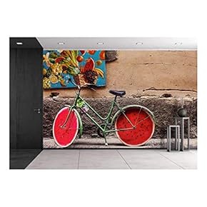 Antique Bicycle with Watermelon Slice Shaped Wheels in The Street - Removable Wall Mural | Self-Adhesive Large Wallpaper - 66x96 inches