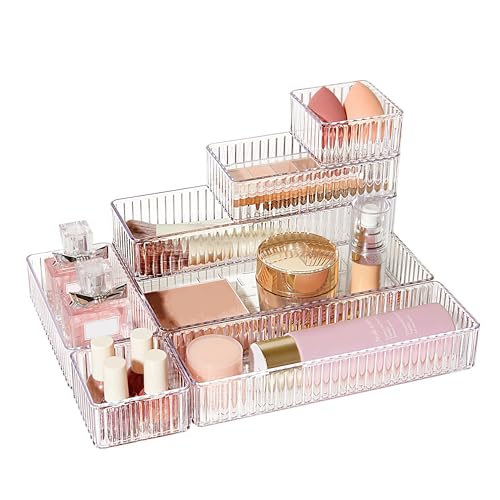 Uniiking® 7 PCS Clear Drawer Organizer Bins, 4-Size Stackable Makeup and Vanity Makeup Organizer Trays, Acrylic Bathroom Drawer Storage Containers for Cosmetic, Office Supply