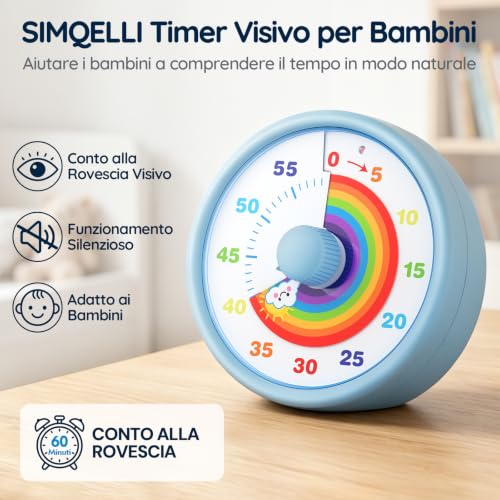 SIMQELLI Visual Timer for Kids, 60 Minutes Countdown Silent Timer with Rainbow, Time Management for Kitchen, Classroom, Study and School (Blue) | Timer Visivo Ideale per Bambini, Perfetto per Scuola, Studio, Cucina e Attività Familiari, Silenzioso Timer con Arcobaleno