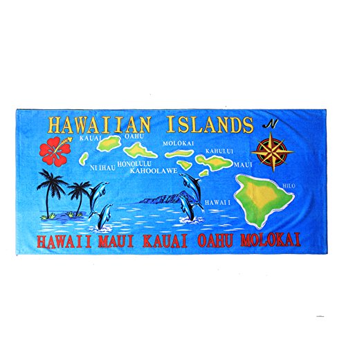 Hawaii Beach Towel 100% Cotton 60x30 Blue Islands Names Map Dolphin Oahu Maui