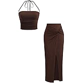 Verdusa Women's 2 Piece Vacation Outfits Ruched Crop Halter Top with Slit Bodycon Long Skirt Going Out Sets
