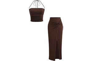 Verdusa Women's 2 Piece Vacation Outfits Ruched Crop Halter Top with Slit Bodycon Long Skirt Y2k Clothing Set