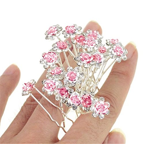 Happy Hours - 20Pcs Handmade U-Shaped Pearl Rose Flower Rhinestone Crystal Hair Pins Clips Barrette for Prom Party Wedding Bridal Bridesmaid Jewelry Accessories(Pink)