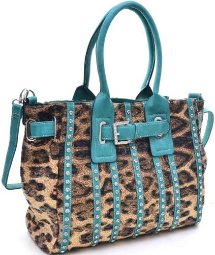 Women Fashion Purse Leopard Printed Handbag Western Rhinestone Bling Tote - Blue Leopard