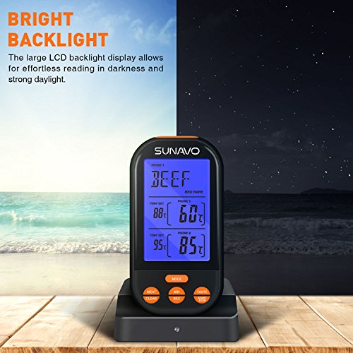 Sunavo Wireless Remote Cooking Meat Thermometer Digital with Large LCD and Timer Alarm for Grilling Oven Kitchen Smoker BBQ Grill with Dual Stainless Steel Temperature Probe