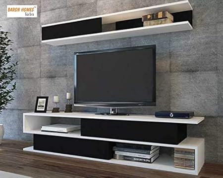 HEERA MOTI INTERIORS Wooden TV Stand and Multi Functional Storage Long Wall Shelf Set (White and Black)