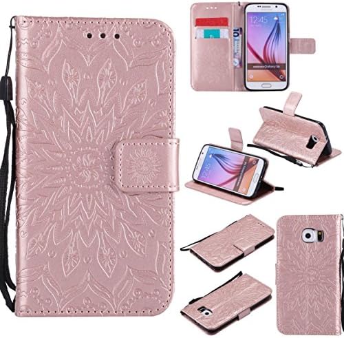 Galaxy S6 Case,Pu Leather Wallet Cover Embossed Lightweight Anti Sliding Bumper Case with Credit Card Holder Wrist Strap Kickstand Flip Folio Case for Samsung Galaxy S6 -Sunflower Rose Gold
