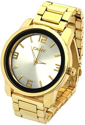 Mens Gold Tone Over Size Metal Band Silver Face Fashion Casual Quartz Wrist Watch ONK2