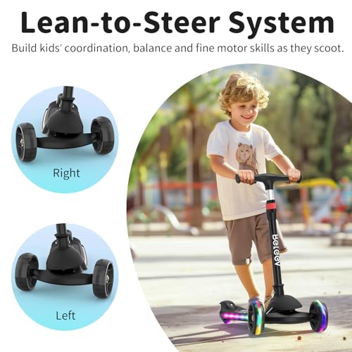 BELEEV A9 Kids Scooter with LED Light-Up Wheels & Deck, 3 Wheel Foldable Kick Scooter for Toddlers Boys Girls Ages 3-12, Adjustable Handlebar, Lean-to-Steer, Extra-Wide Wheels