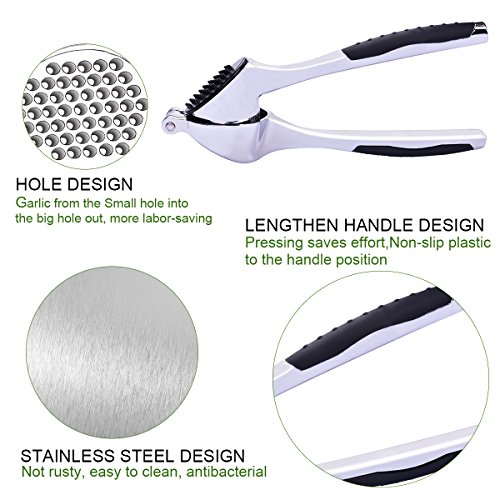 Garlic Press & Garlic Cleaning Brush - Stainless Steel Kitchen Garlic Tools - Garlic Keepers Innovative Oblique Holes and Pressure Garlic Opposite Inverted Thimble Design