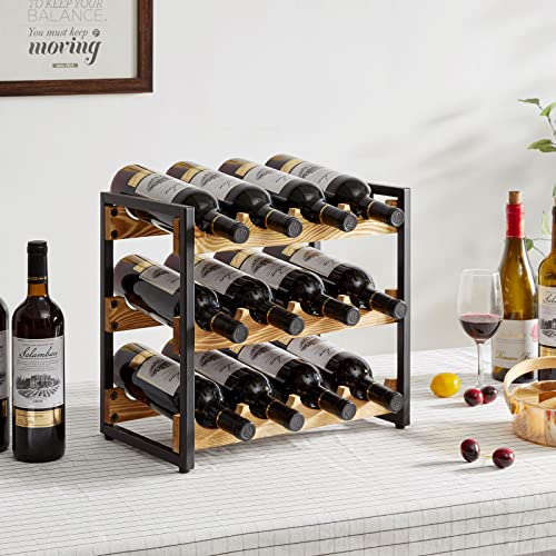 IBUYKE TMJ904H Wooden Wine Rack with 3 Levels, Wine Rack 12 Bottles | Stackable Wine Rack Countertop Storage Organizer Wine Racks for Kitchen Bar Cellar