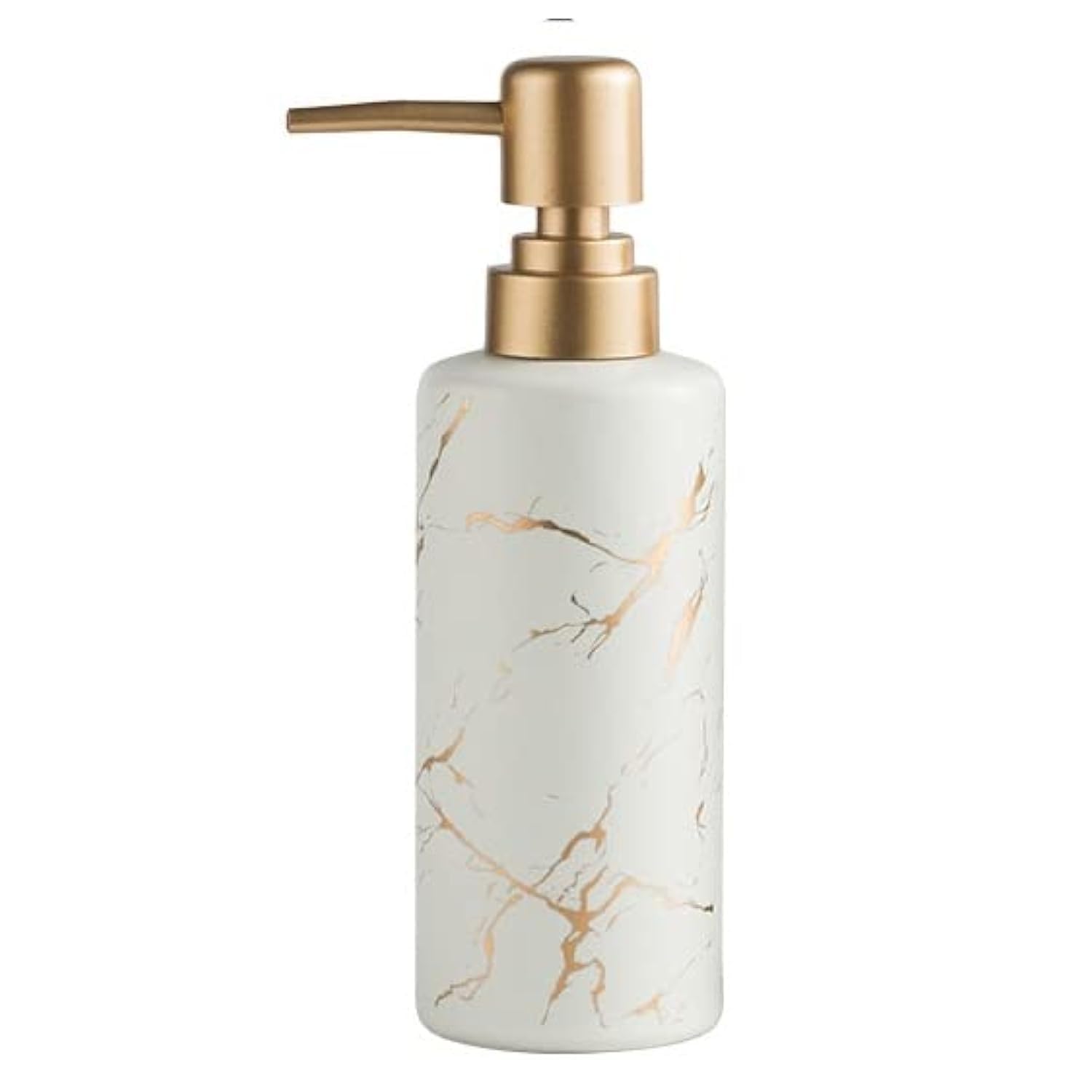 Gold Soap Dispenser for Bathroom or Kitchen, Skinny Ceramic Lotion Bottle with Marble Pattern, Rust-Free Pump(White)