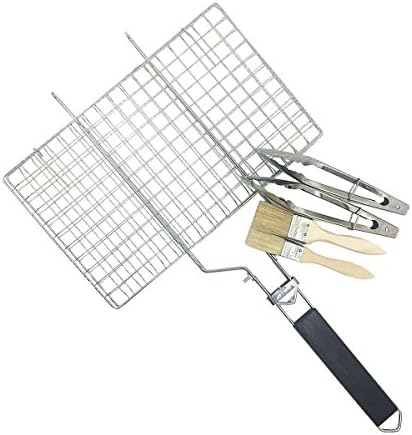 Yahead Nonstick BBQ Grilling Basket with Removable Wooden Handle Portable Stainless Steel Grill Basket Folding for Roast BBQ Barbecue with 2PCS Basting Pastry Oil Brush and 2PCS Barbecue Grill Tongs