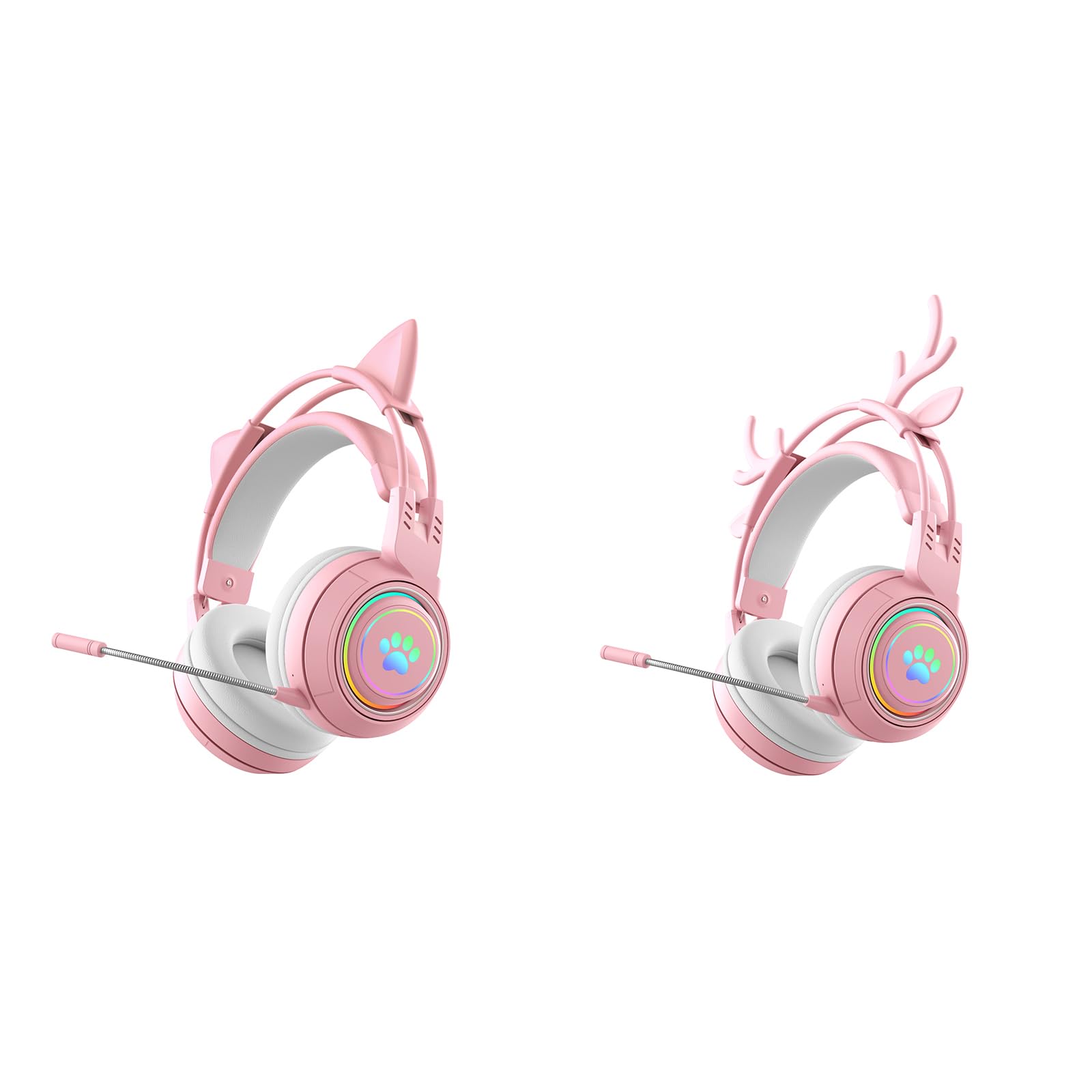 Lomiluskr RGB Cute Cat Ear Wireless Headset with Detachable Mic, Bluetooth/Wired Dual Mode Over Ear Headset, Interchangeable Cat and Deer Ears, Compatible with PC, Laptop, Tablet, Smartphone (Pink)