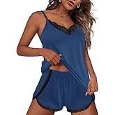 Ekouaer Pajama Sets for Women Lingerie Sleepwear 2 Piece Cami Split Short Set V Neck Lace Pjs