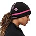 TrailHeads Women's Ponytail Hat - Reflective Cold Weather Running Beanie - Black/Pink Snowflake