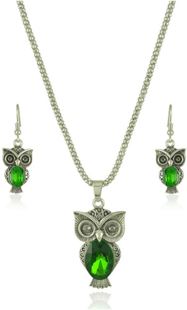 Green Crystal Wise Owl Pendant & Drop Earrings Set for Women
