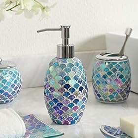 Bathroom Accessory Set | 5-Piece Decorative Glass Bathroom Soap Dispenser Set | Soap Dispenser, Tray, Jar, Toothbrush… 51Gz%2Bbn0lyL