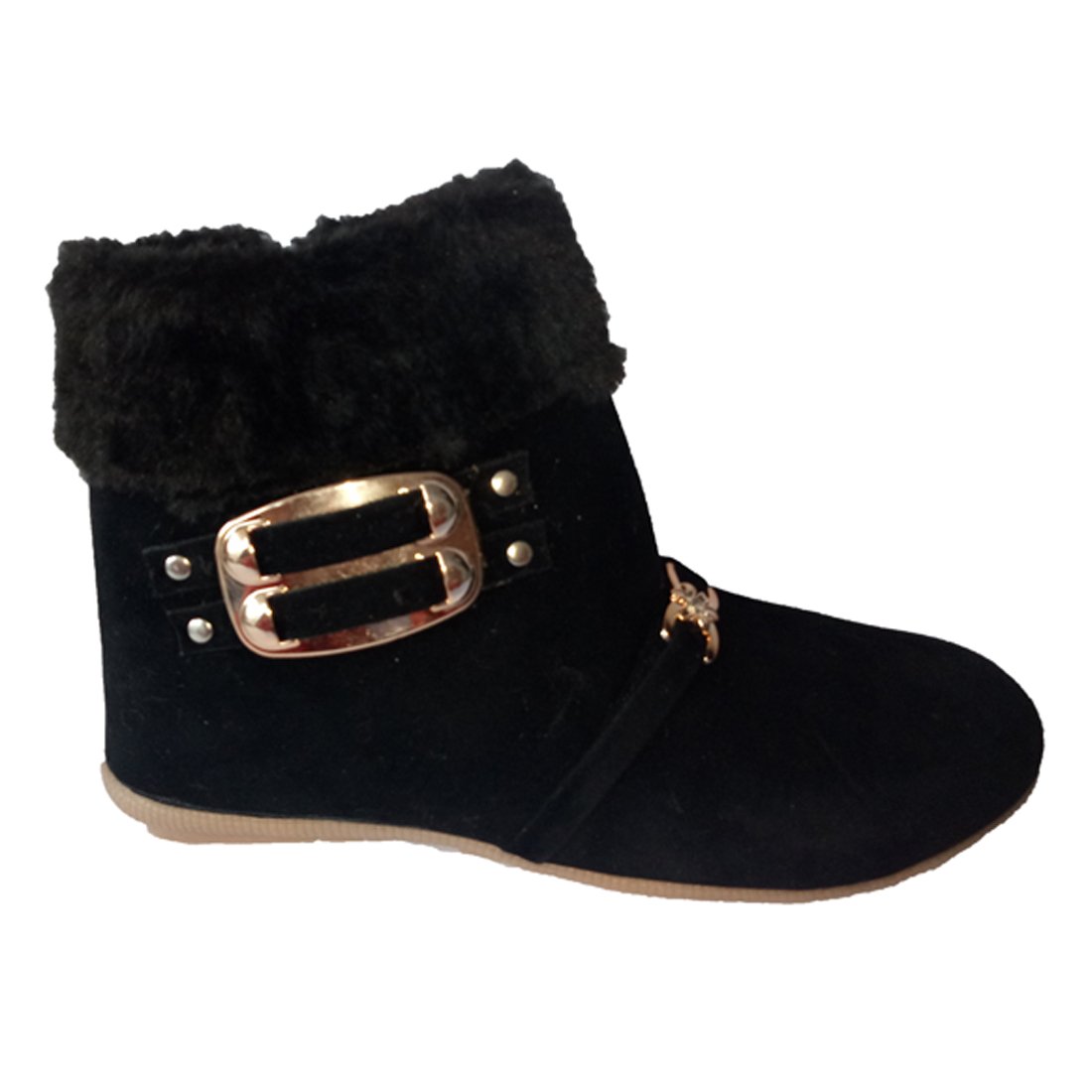 walk street buckle and fur style girls black boots (fur-boot)