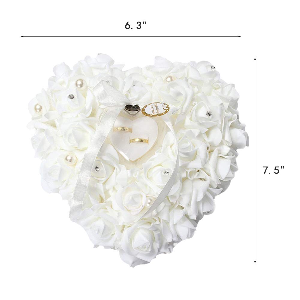 Wedding Ring Pillow, White Ring Pillow Lace Crystal Rose Wedding Heart Ring Box Ring Holder